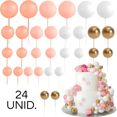 SET CAKE TOPPER BOLITAS X24 UNIDADES ROSA, ROSA PASTEL, BLANCO Y DORADO