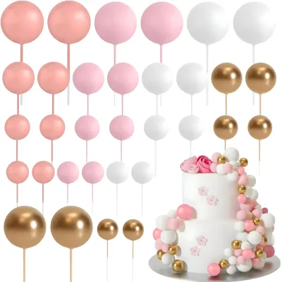 SET CAKE TOPPER BOLITAS X24 UNIDADES ROSA, ROSA PASTEL, BLANCO Y DORADO