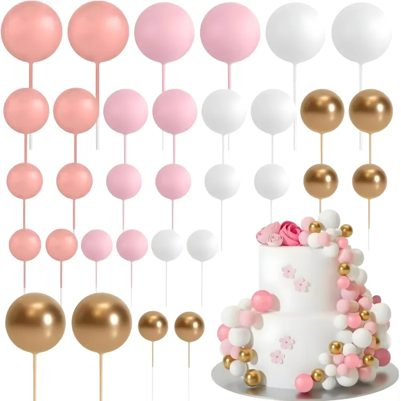 SET CAKE TOPPER BOLITAS X24 UNIDADES ROSA, ROSA PASTEL, BLANCO Y DORADO