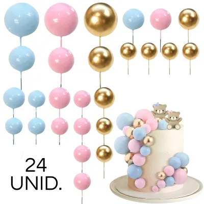 SET CAKE TOPPER BOLITAS X24 UNIDADES ROSA, CELESTE Y DORADO