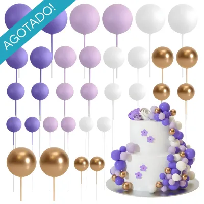 Set Cake Topper Bolitas X24 Unidades Violeta, Lila, Blanco Y Dorado