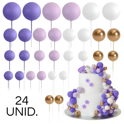 SET CAKE TOPPER BOLITAS X24 UNIDADES VIOLETA, LILA, BLANCO Y DORADO