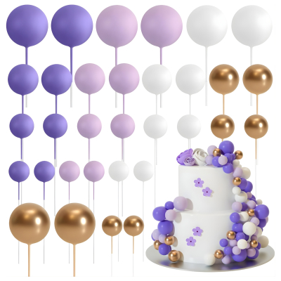 SET CAKE TOPPER BOLITAS X24 UNIDADES VIOLETA, LILA, BLANCO Y DORADO