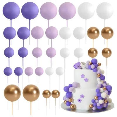 SET CAKE TOPPER BOLITAS X24 UNIDADES VIOLETA, LILA, BLANCO Y DORADO