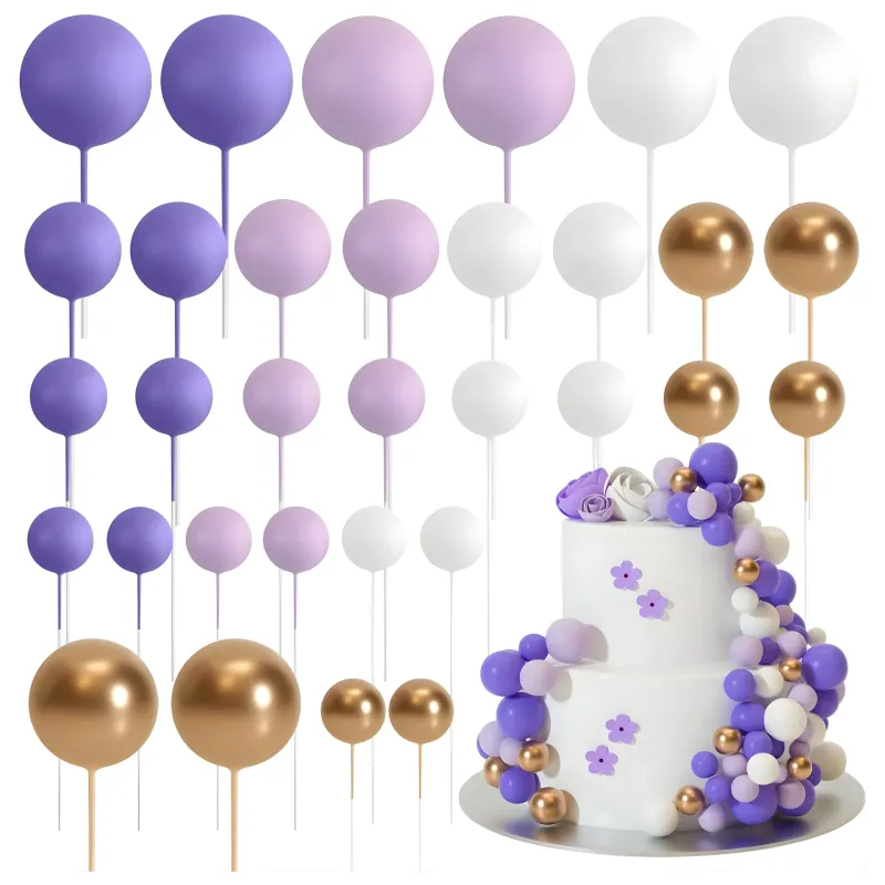 SET CAKE TOPPER BOLITAS X24 UNIDADES VIOLETA, LILA, BLANCO Y DORADO