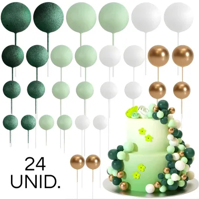 SET CAKE TOPPER BOLITAS X24 UNIDADES VERDE OSCURO, VERDE CLARO, BLANCO Y DORADO