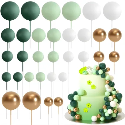 SET CAKE TOPPER BOLITAS X24 UNIDADES VERDE OSCURO, VERDE CLARO, BLANCO Y DORADO