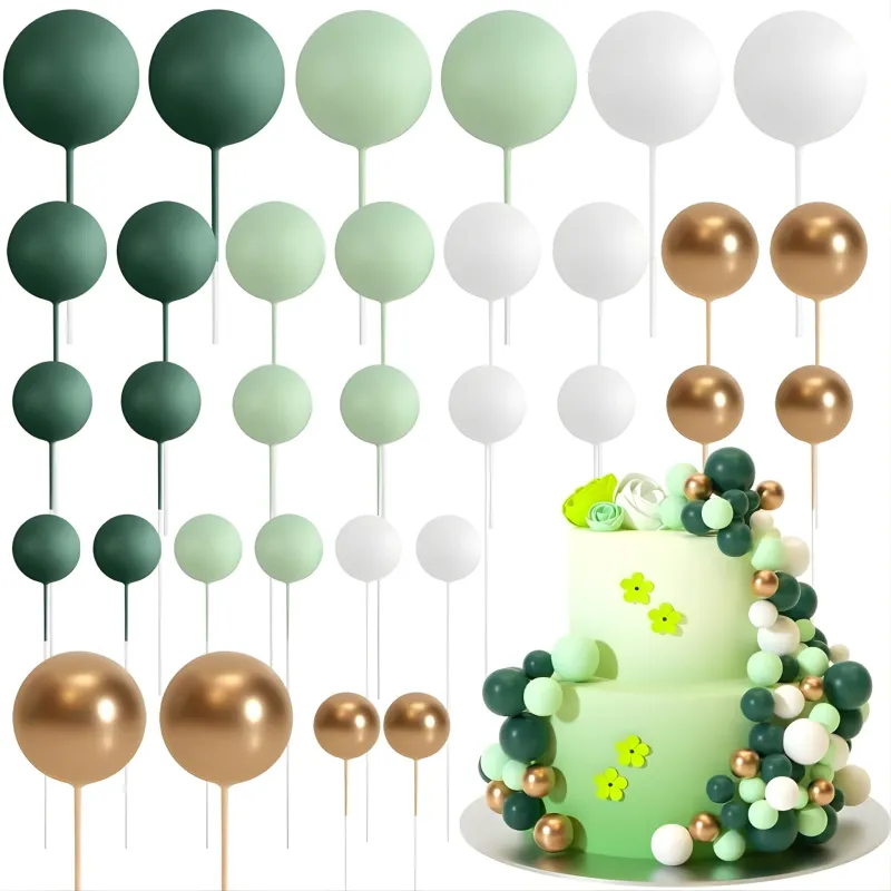 SET CAKE TOPPER BOLITAS X24 UNIDADES VERDE OSCURO, VERDE CLARO, BLANCO Y DORADO