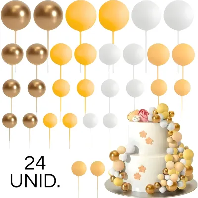 SET CAKE TOPPER BOLITAS X24 UNIDADES DORADO, AMARILLO, BEIGE Y BLANCO