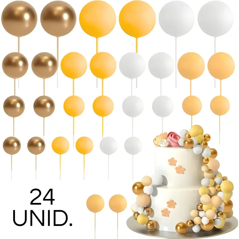 SET CAKE TOPPER BOLITAS X24 UNIDADES DORADO, AMARILLO, BEIGE Y BLANCO