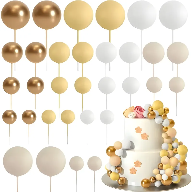 SET CAKE TOPPER BOLITAS X24 UNIDADES DORADO, AMARILLO, BEIGE Y BLANCO